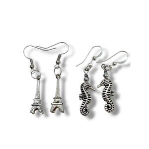 2 Pair Pierced Fishhook Earrings 1.75" Drop Eiffel Tower Seahorse